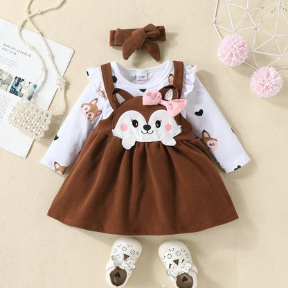 Girls' Skirt Set Love Animal Romper Embroidered Fox Suspender Skirt
