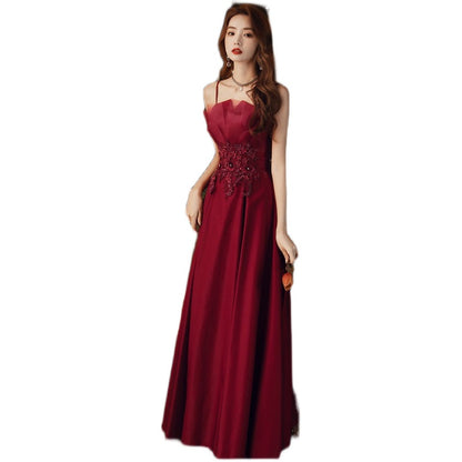 Vestido de noche con tirantes de compromiso, estilo sencillo, color rojo vino