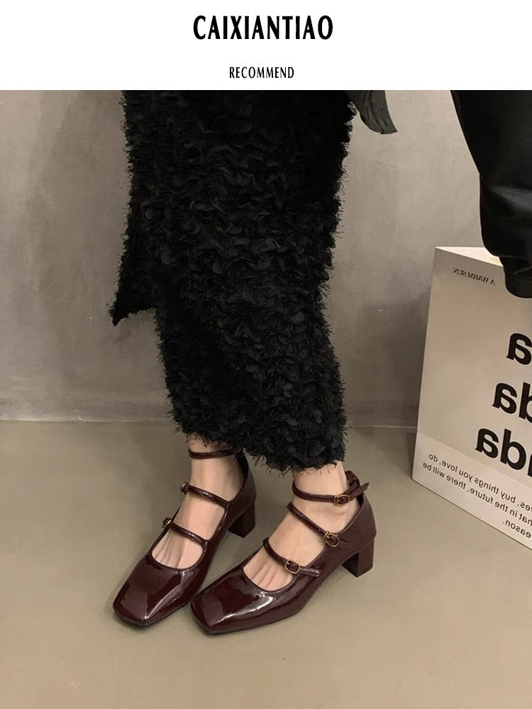 Silver Square Toe French Style Women's Shoes Chunky Heel Pumps High Heels