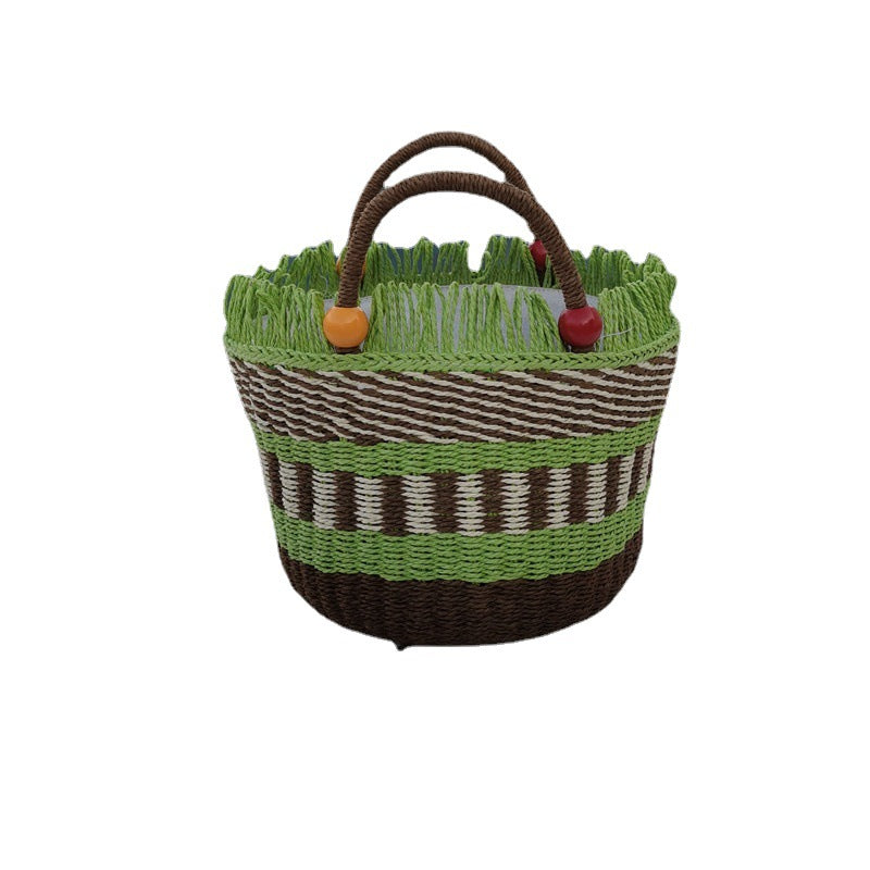 Picnic Basket Tassel Wooden Bead Decorative Cute Handbag Hand Woven