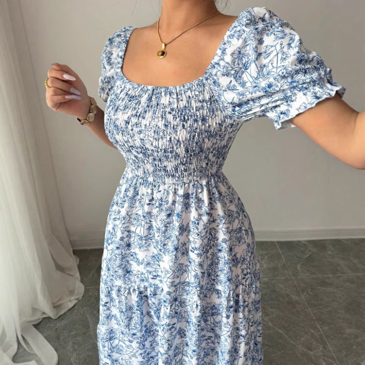 Elegant Idle Style Printed Square Collar Loose Long Puff Sleeve Dress