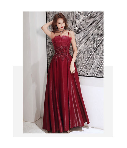 Vestido de noche con tirantes de compromiso, estilo sencillo, color rojo vino