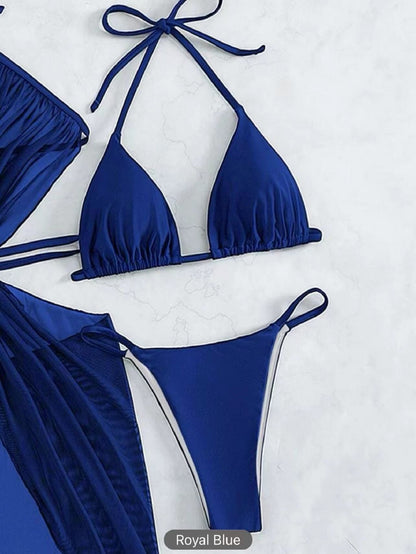 Bikini de cuello halter de 3 piezas para playa, traje de baño dividido de color sólido para verano, ropa de mujer