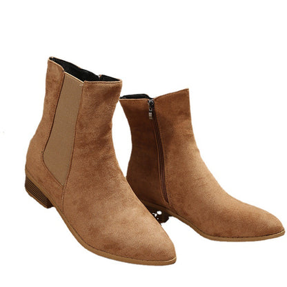 Zapatos de mujer Botines de tacón grueso con cremallera lateral y punta puntiaguda de gamuza hasta media pantorrilla para mujer
