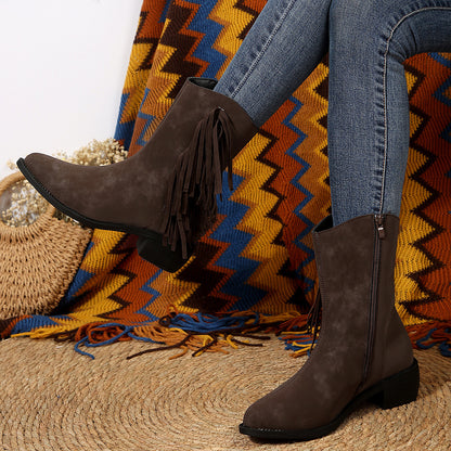 Botas de caballero con borlas, cremallera lateral, punta puntiaguda y tacón bajo elegantes para mujer