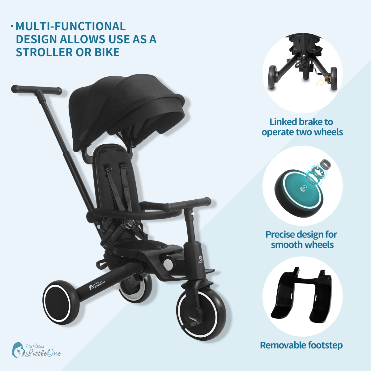 Foryourlittleone Xplor Plus 6 in 1 Foldable Trike - Jet Black (10m-5y)