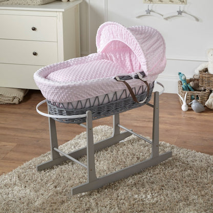 Pink Dimple Grey Wicker Baby Moses Basket With Stand