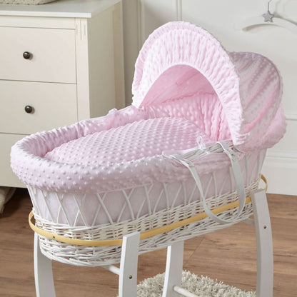 Pink Dimple White Wicker Baby Moses Basket With Stand