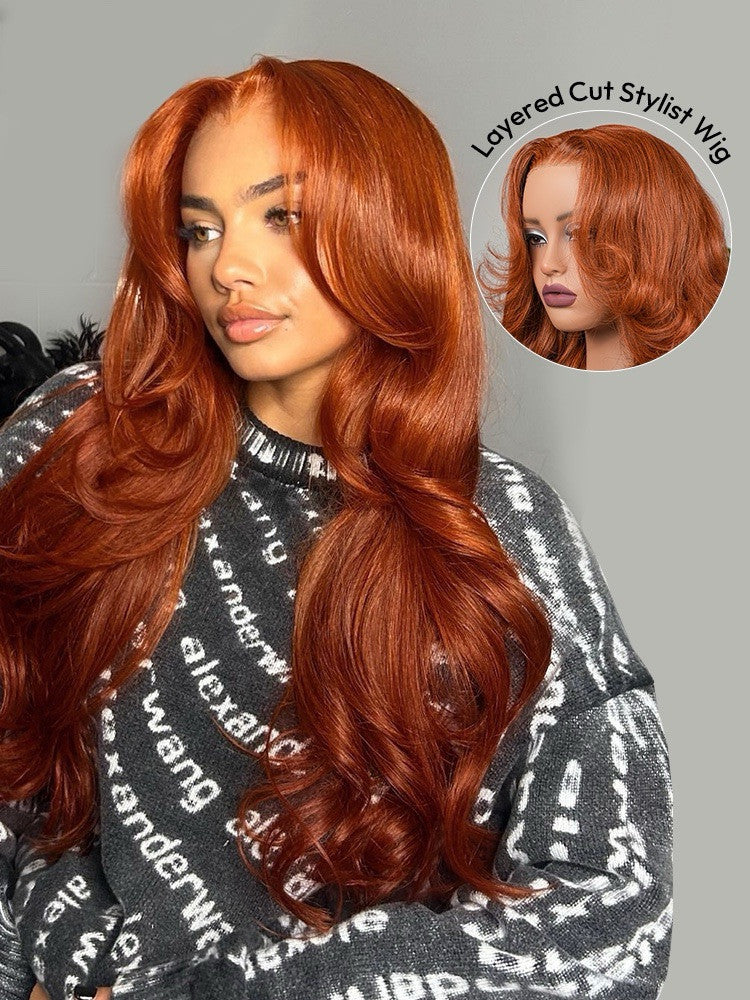 Chic Luxe Hair | Pre- Styled Glueless Ready To Wear Layered Cut 250% Density Wavy Wig Burnt Orange | 100% Human Hair