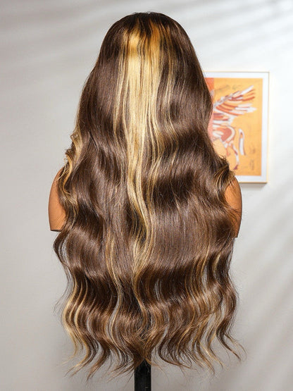 Vietnamese Human Hair Glueless Lace Front Pre Styled Honey Blonde Wavy 250% Density Wig
