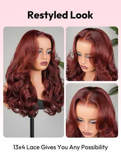 Chic Luxe Hair | Human Hair Glueless Pre Styled Cherry Cola Red Wavy 250% Density Wig | 100% Human Hair