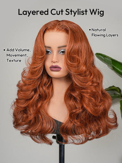 Chic Luxe Hair | Pre- Styled Glueless Ready To Wear Layered Cut 250% Density Wavy Wig Burnt Orange | 100% Human Hair