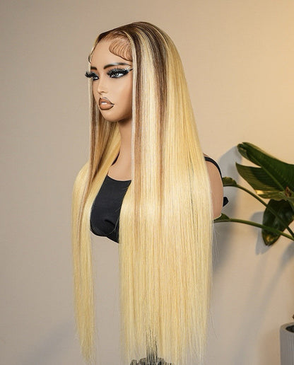 Vietnamese Human Hair Glueless Blonde Ombré Ready To  Wear 250% Full Density Straight Wig