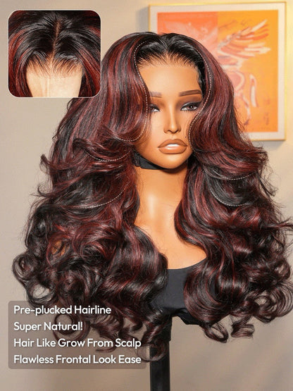 Vietnamese Human Hair Glueless Cherry Cola Red Highlight Layered Cut 250% Density Wig