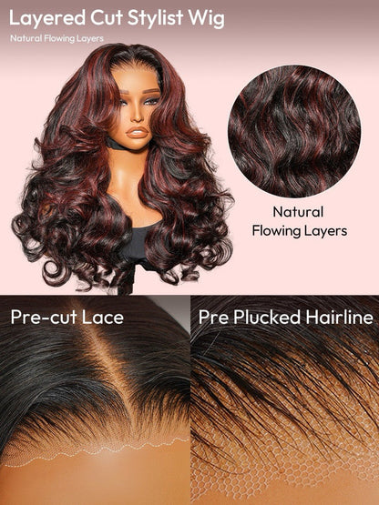 Vietnamese Human Hair Glueless Cherry Cola Red Highlight Layered Cut 250% Density Wig