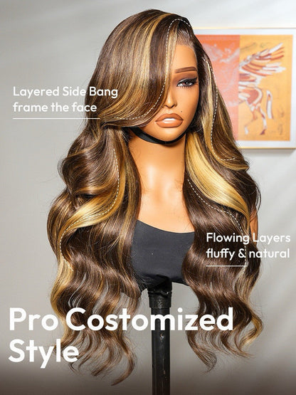 Vietnamese Human Hair Glueless Lace Front Pre Styled Honey Blonde Wavy 250% Density Wig