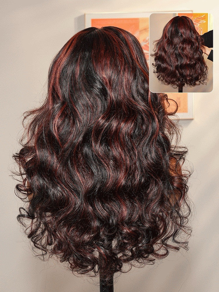Vietnamese Human Hair Glueless Cherry Cola Red Highlight Layered Cut 250% Density Wig