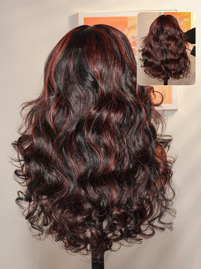 Vietnamese Human Hair Glueless Cherry Cola Red Highlight Layered Cut 250% Density Wig