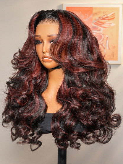 Vietnamese Human Hair Glueless Cherry Cola Red Highlight Layered Cut 250% Density Wig