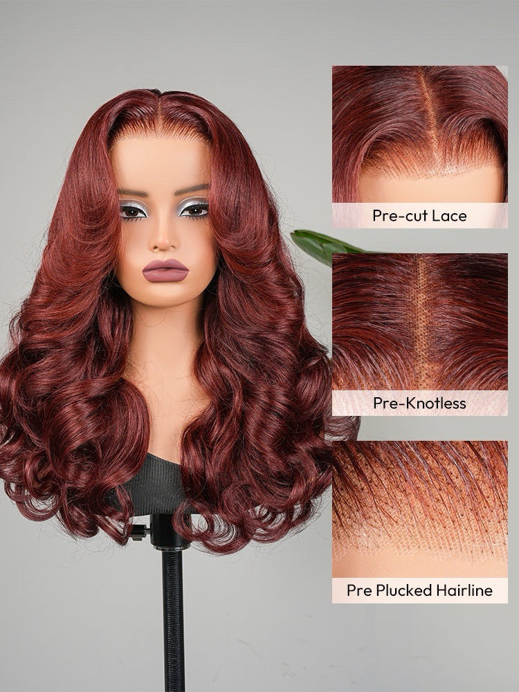 Chic Luxe Hair | Human Hair Glueless Pre Styled Cherry Cola Red Wavy 250% Density Wig | 100% Human Hair