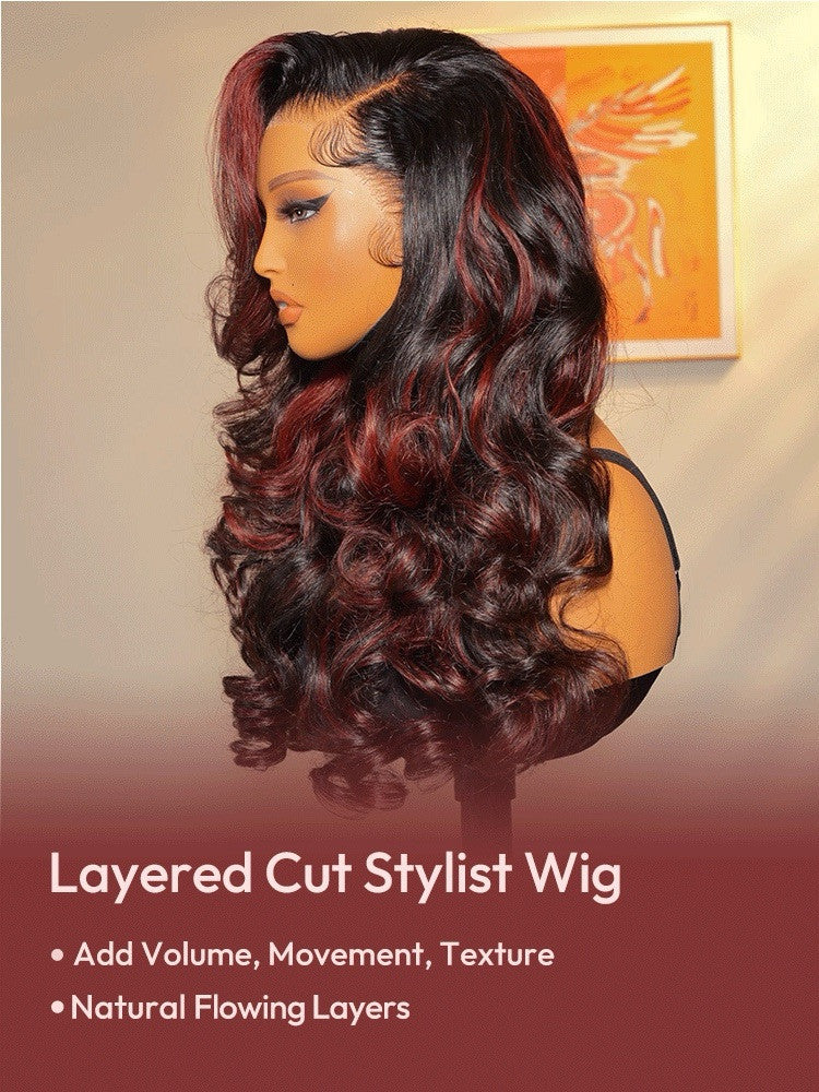 Vietnamese Human Hair Glueless Cherry Cola Red Highlight Layered Cut 250% Density Wig