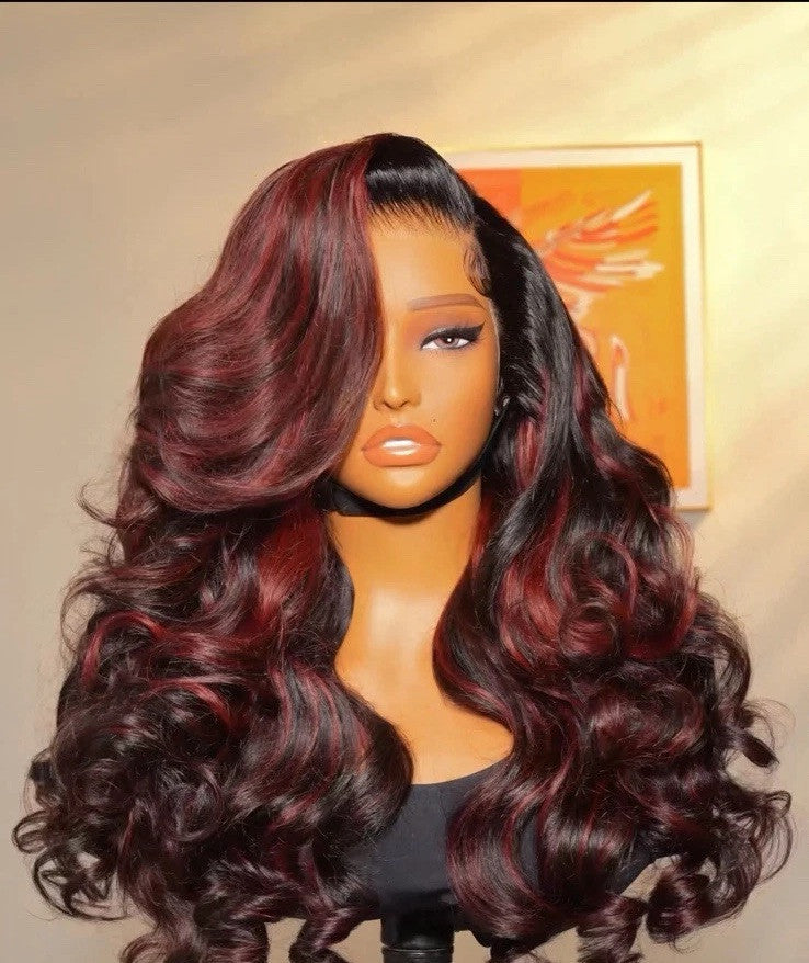 Vietnamese Human Hair Glueless Cherry Cola Red Highlight Layered Cut 250% Density Wig