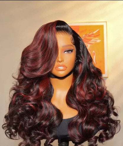 Vietnamese Human Hair Glueless Cherry Cola Red Highlight Layered Cut 250% Density Wig