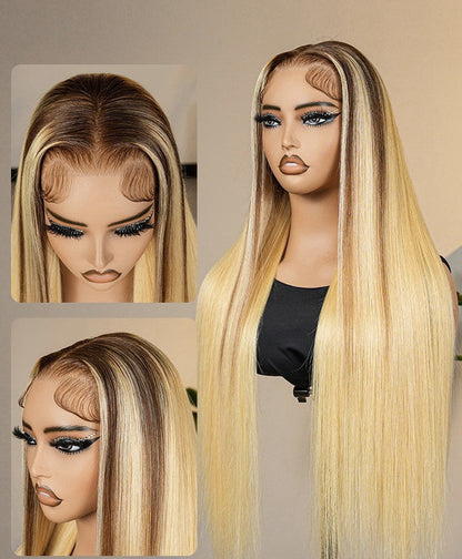 Vietnamese Human Hair Glueless Blonde Ombré Ready To  Wear 250% Full Density Straight Wig